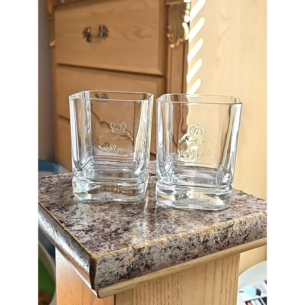 Set Of 2 Y2K Millennium Crown Royal Whiskey Rocks Glasses Embossed Logo W/ 2000